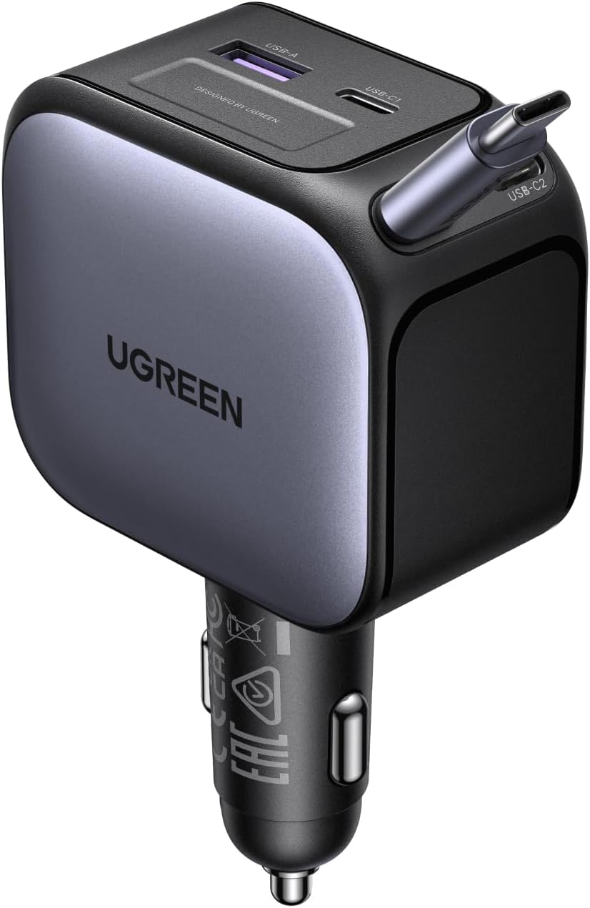 يوجرين شاحن سيارة قابل للسحب بقوة 145 واط مع كابل USB-C مدمج بقوة 60 واط بطول 70 سم، 3*USB-C منافذ+ 1*USB-A منفذ،شاحن سيارة فائق السرعة، متوافق مع iPhone 17 Pro Max، MacBook Pro/Air، Samsung S25 Ultra