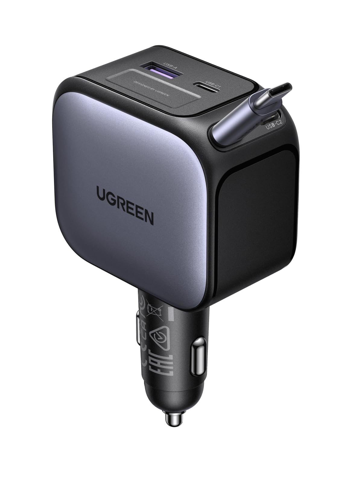 يوجرين شاحن سيارة قابل للسحب 60 وات مع كابل USB C مدمج 30 وات 75 سم، شاحن سيارة Type-C سريع الشحن 2C1A USB فائق السرعة، متوافق مع سلسلة iPhone 17، MacBook Pro/Air، Samsung S25 Ultra