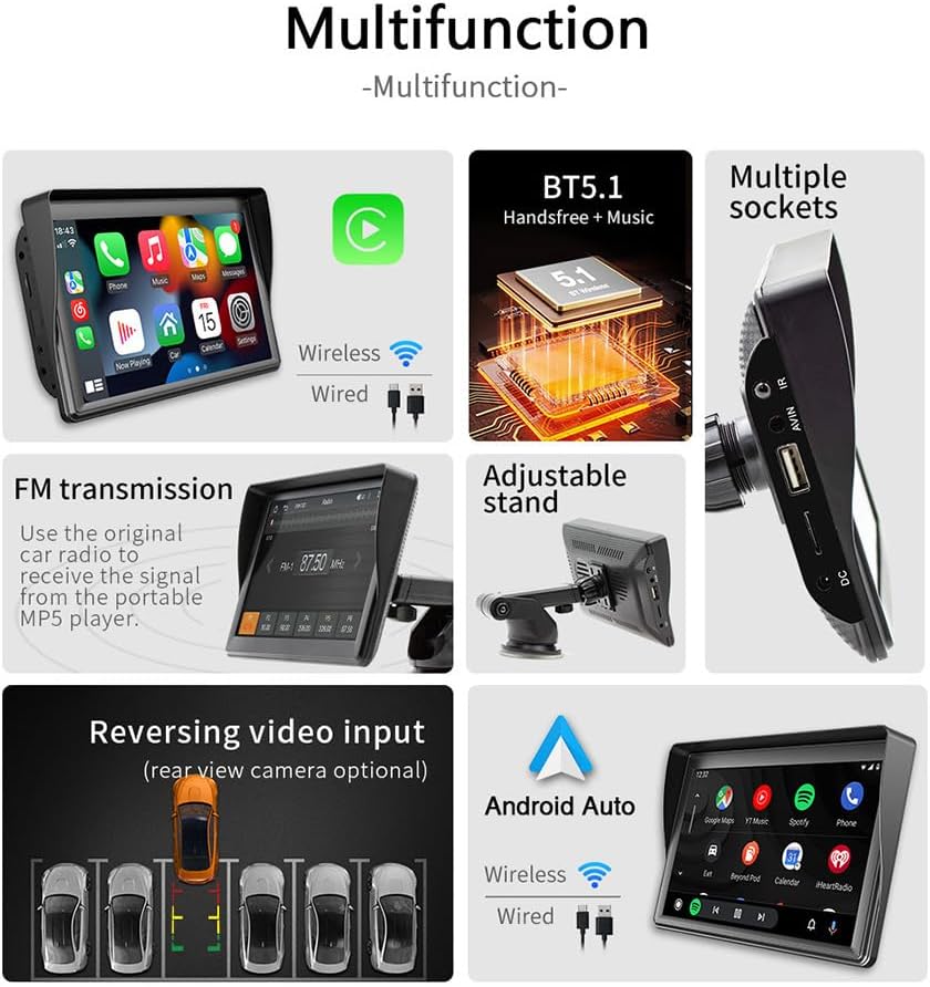Eacam Portable 7 Inch HD Touch Screen Car Wireless FM Stereo with Android IOS Mirror Link, Bluetooth 5.1, Multimedia Radio Player for All Vehicles
