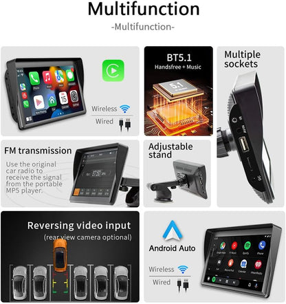 Eacam Portable 7 Inch HD Touch Screen Car Wireless FM Stereo with Android IOS Mirror Link, Bluetooth 5.1, Multimedia Radio Player for All Vehicles