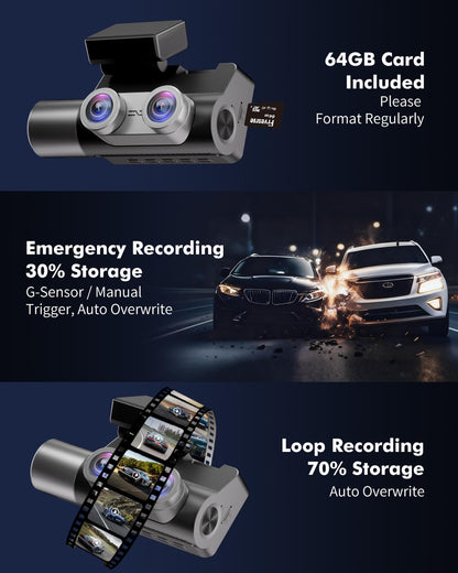 4K 3 Channel Dash Cam Front and Rear Inside for Uber Taxi, Dual Front Lens, Interior Night Vision, WiFi 6 GPS, 24H Parking Mode, 64GB Card, Heat Resistant Dashcam for Cars (V1)