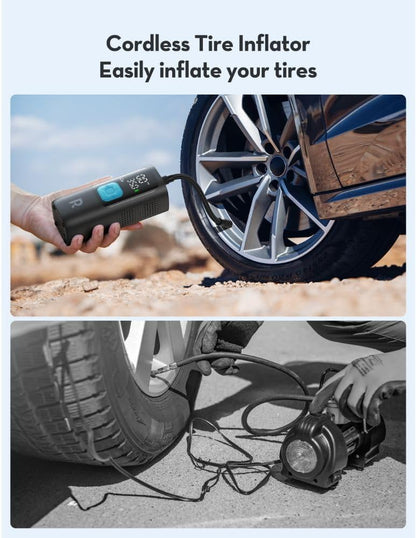 RAVPOWER 3-in-1 Smart Air Compressor with Power Bank & LED Flashlight, Cordless Portable Air Pump for Car, Motorcycle, Bicycle, Auto-Stop, Large LCD Display, Travel Accessories Included, PB1233
