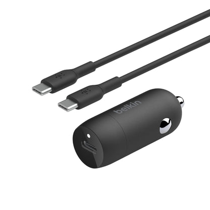 شاحن سيارة سريع Belkin BoostCharge 30W، تصميم صغير الحجم مع منفذ توصيل طاقة USB-C، شاحن سيارة USB متوافق عالميًا مع iPhone 16 و15 وSamsung Galaxy S23 وNote وPixel والمزيد - أسود