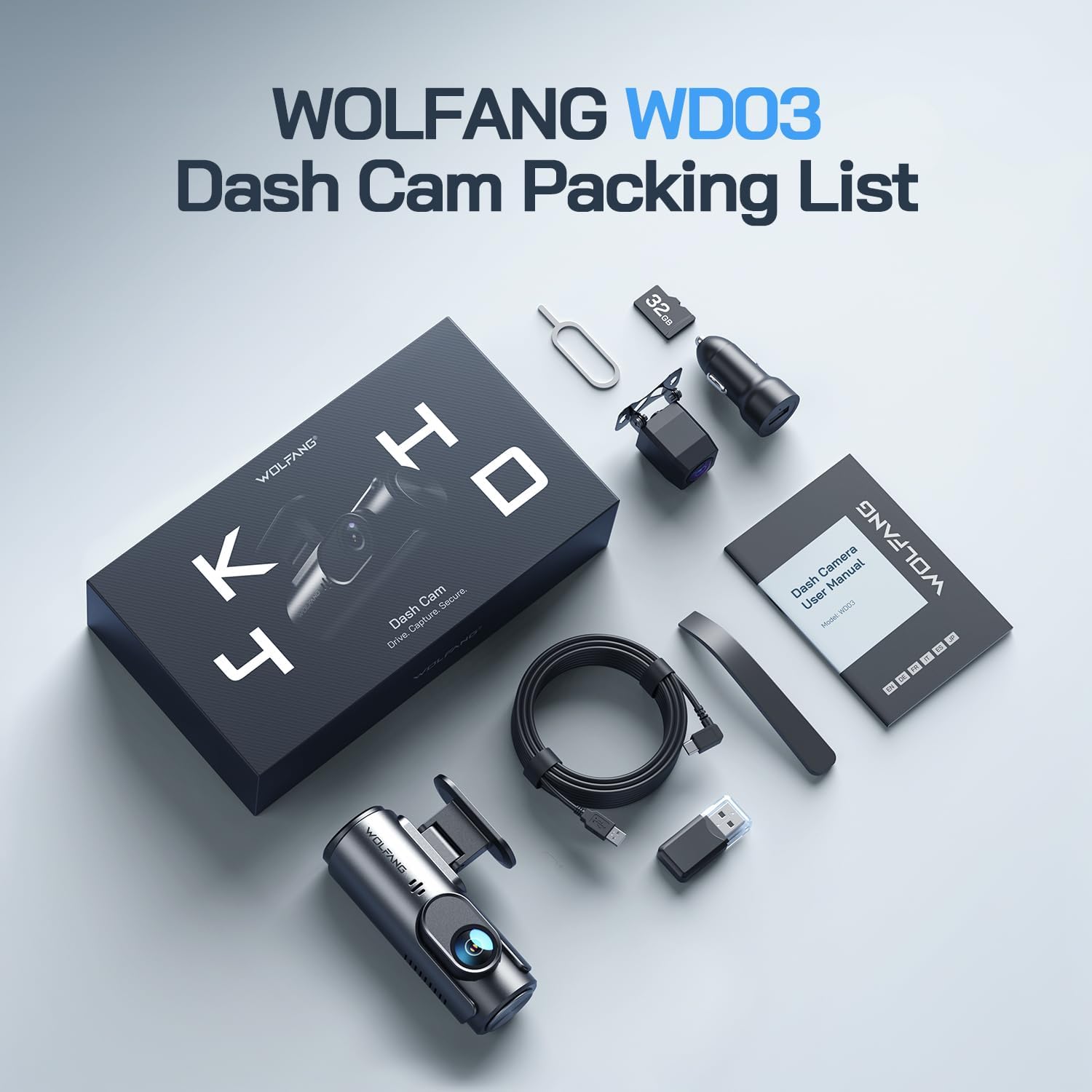WOLFANG 4K Dash Cam Front and Rear WiFi Dashcam, Dual Car Camera Dash Cam with Super Night Vision, Loop Recording, G-Sensor, 170 Wide Angle, Parking Guard, with SD Card, APP Control