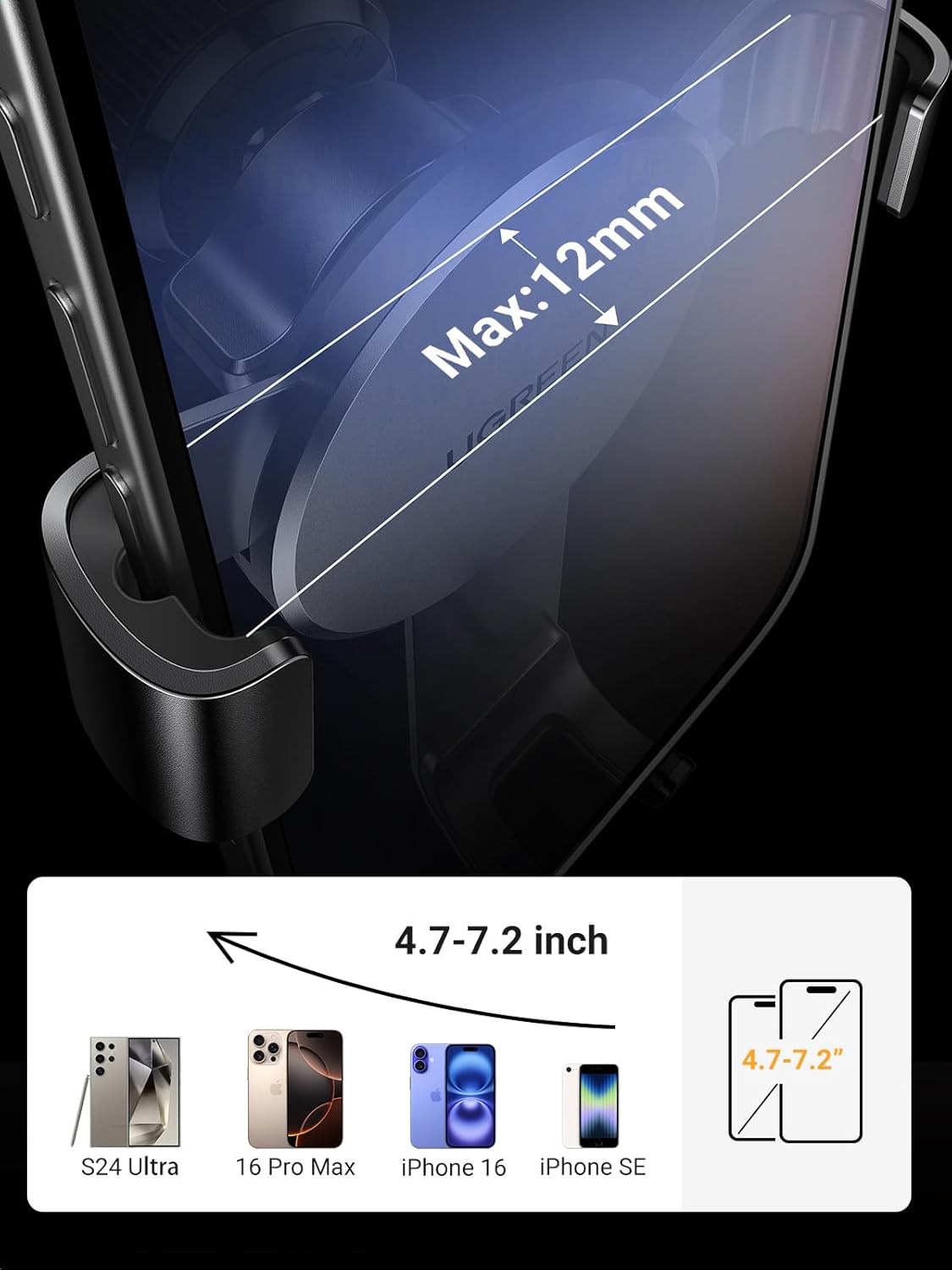 UGREEN Car Phone Holder Car Mount, [360° Rotation for Air Vent], One-hand Auto Lock, Metal Hook Black Mobile Holder, Fit for iPhone Air/17/16/15/14, Samsung S25/24/23, 5.8-7.2" Smartphone Accessories