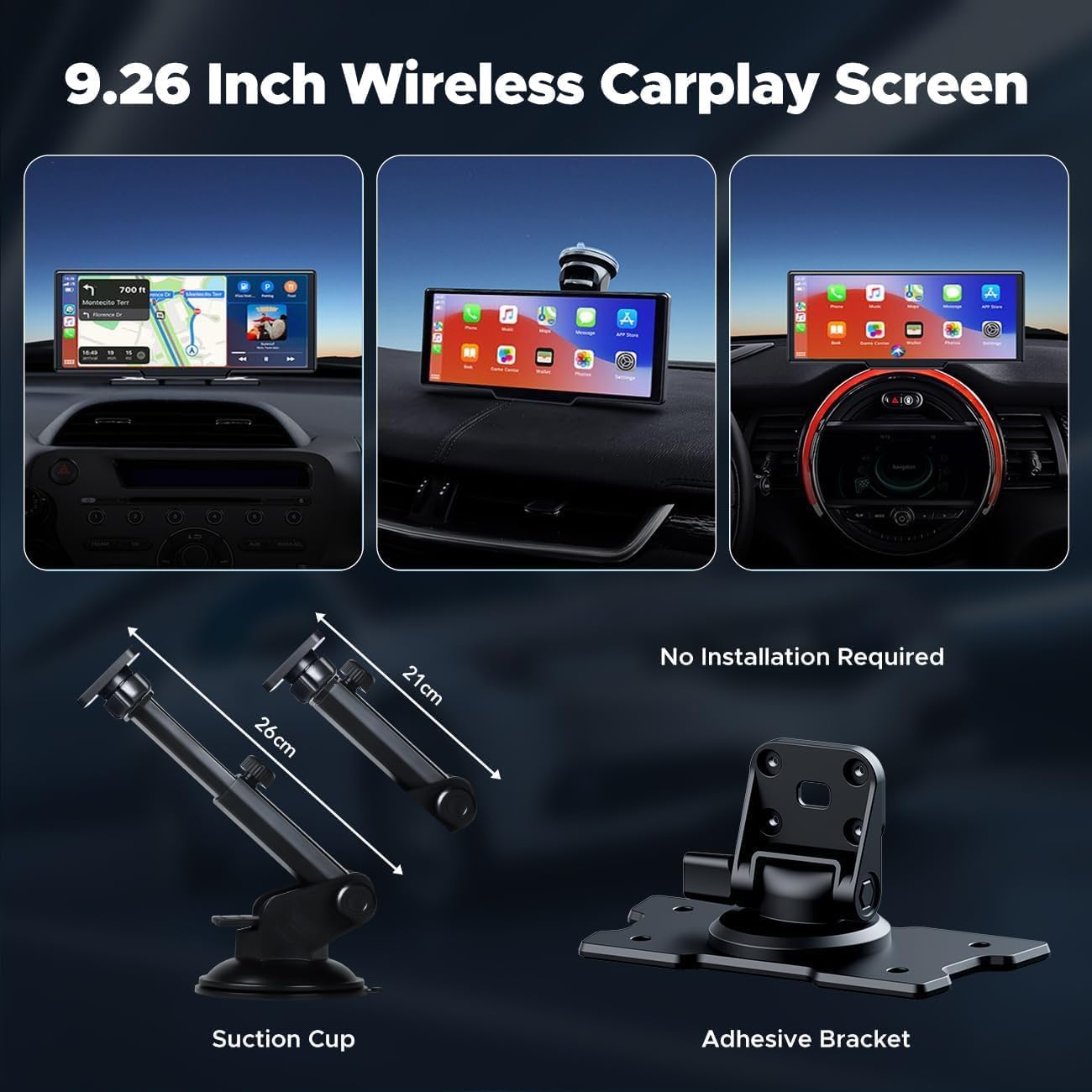 Wireless CarPlay Screen for Car with 2.5K Dash Cam, 1080P Backup Camera, 9.26" Portable Car Stereo with Apple CarPlay, Android Auto, Mirror Link, Loop Recording, GPS Navigation, AUX/FM
