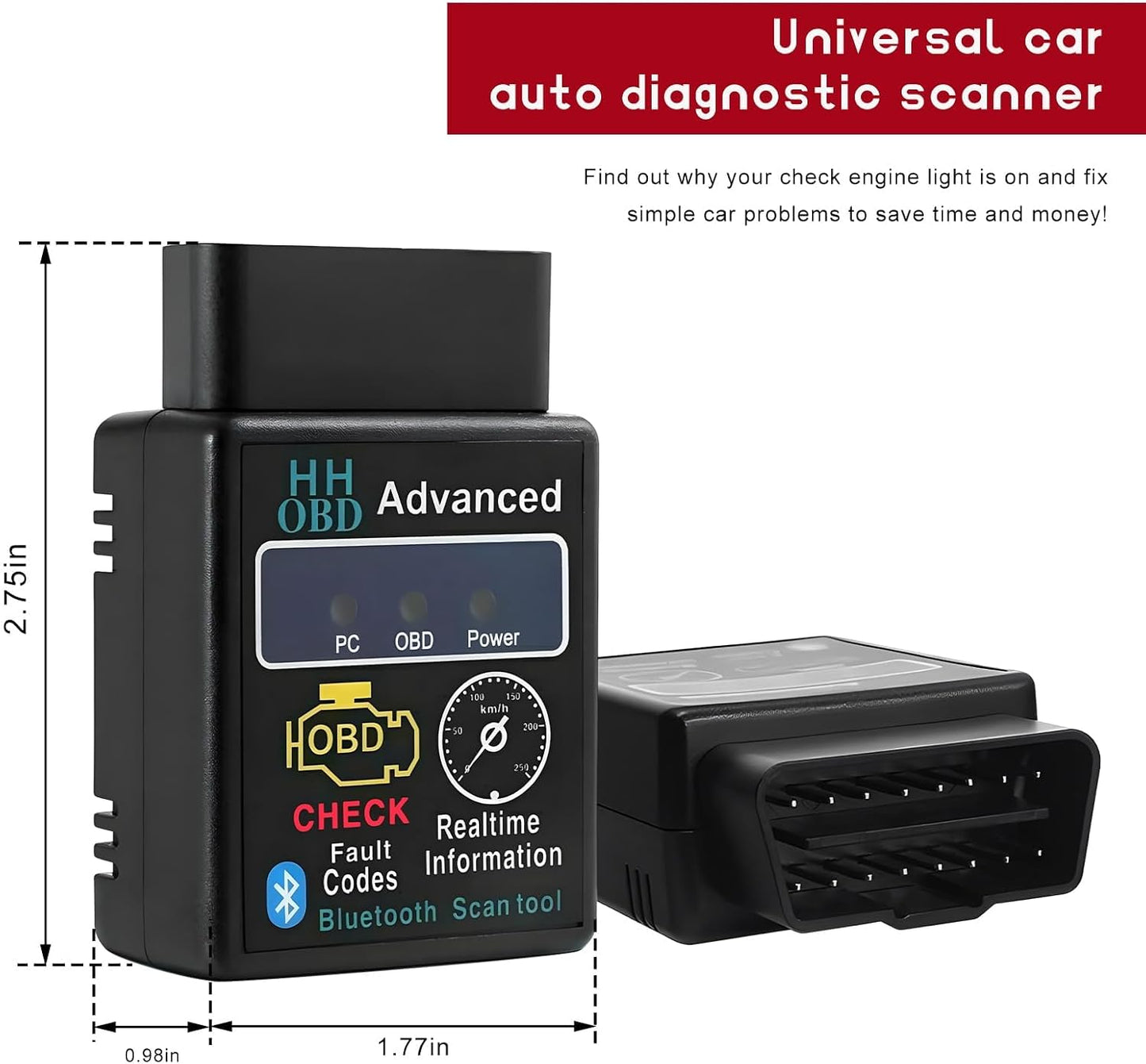 Bluetooth OBD2 Scanner for Car and Vehicles, Wireless OBD II Diagnostic Code Reader for Engine Fault Diagnosis, Universal Professional Auto Scan Tool and Tester Adapter Accessory