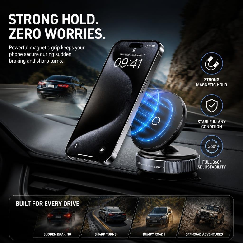 Vacuum Magnetic Car Phone Holder, 360° Rotatable Suction Cup Phone Mount with Strong Magnetic Grip, Adjustable MagSafe Compatible Mobile Holder for Car Dashboard, Mirror, Gym & All Smartphones