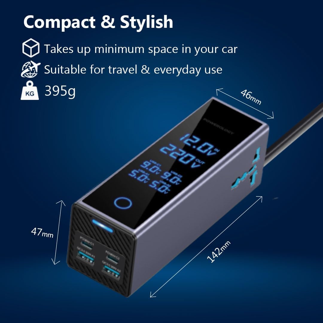 باورلوجي عاكس كهربائي للسيارة 300 واط، منفذان AC، منفذان USB بشحن سريع بقدرة 36 واط، محول قابس مدمج للمركبات، شاشة عرض الجهد، شاحن سيارة للهاتف أو الكمبيوتر المحمول، حماية مدمجة