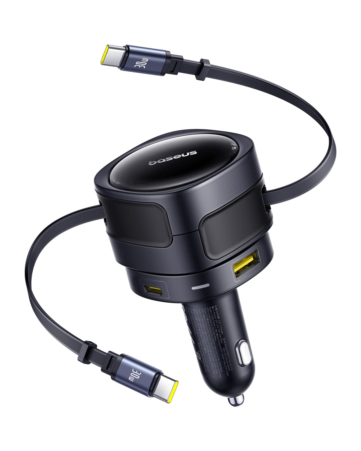 باسيوس 【منفذ واحد - كيبل ملفوف نوع C + 30 واط من النوع C】شاحن سيارة USB-C فائق السرعة بي دي وكيو سي 3.0 لايفون 15 وسامسونج وسلسلة وايباد وماك بوك اير والمزيد