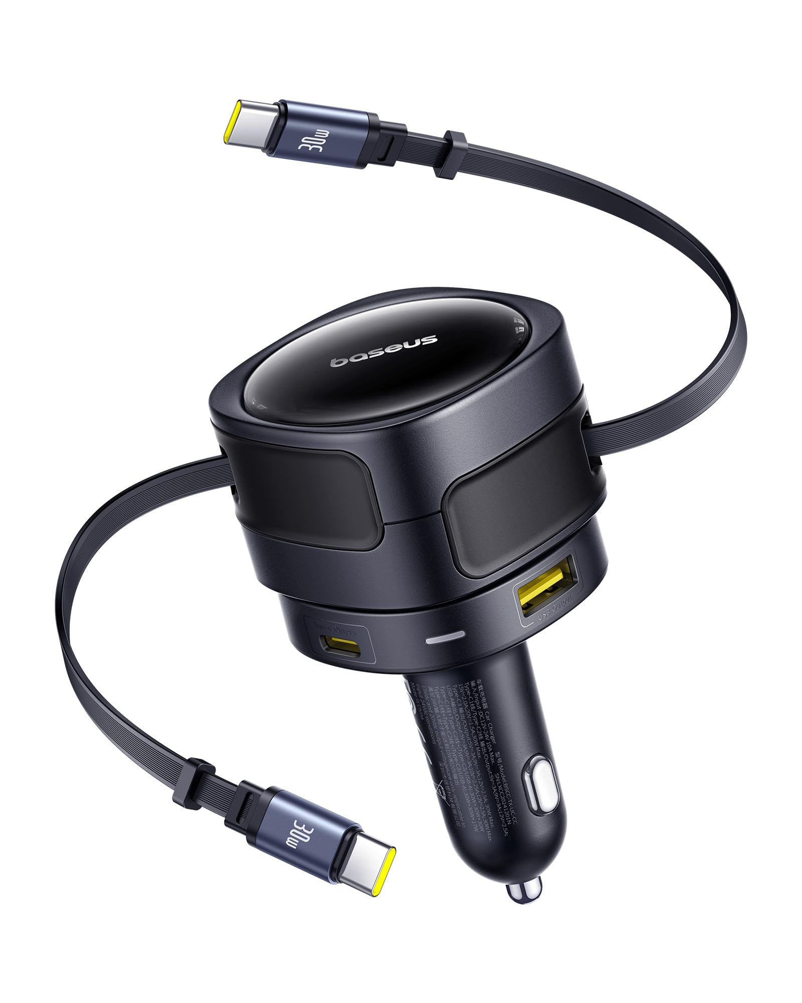باسيوس 【منفذ واحد - كيبل ملفوف نوع C + 30 واط من النوع C】شاحن سيارة USB-C فائق السرعة بي دي وكيو سي 3.0 لايفون 15 وسامسونج وسلسلة وايباد وماك بوك اير والمزيد