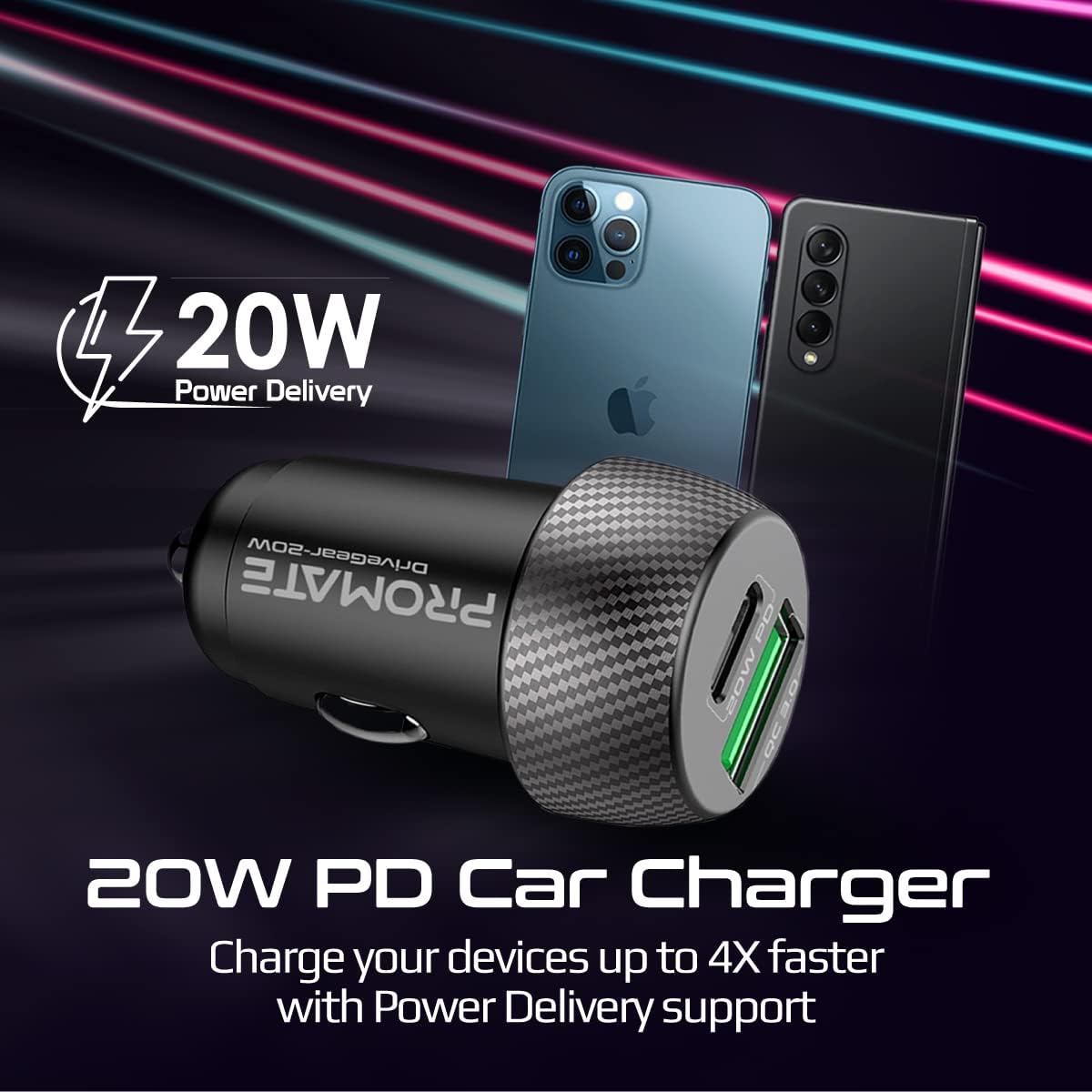 بروميت شاحن سيارة USB-C بقدرة 20 واط، شاحن سيارة فائق السرعة بمنفذ USB نوع سي للشحن السريع 18 واط ومنفذ USB 3.0 وحماية من الشحن الزائد للهواتف الذكية ونظام تحديد المواقع والتابلت - 20 واط