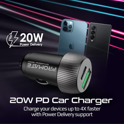 بروميت شاحن سيارة USB-C بقدرة 20 واط، شاحن سيارة فائق السرعة بمنفذ USB نوع سي للشحن السريع 18 واط ومنفذ USB 3.0 وحماية من الشحن الزائد للهواتف الذكية ونظام تحديد المواقع والتابلت - 20 واط