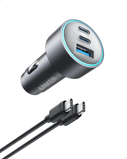 شاحن سيارات Anker USB-C، سريع مُدمج وقوي 67 واط بـ 3 منافذ، محوّل كهربائي للسيارة 535 مع PIQ 3.0 يتوافق مع iPhone 15/15 Plus/15 Pro/15 Pro Max وGalaxy S23 وiPad Air والمزيد (كابل USB-C متضمن).