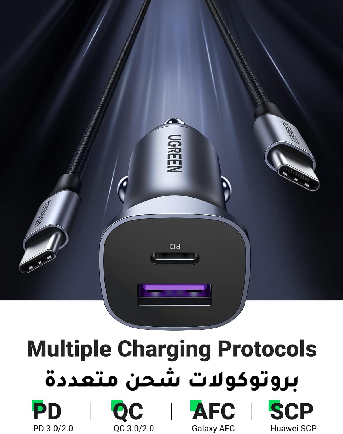 يوجرين شاحن سيارة سريع الشحن PD30W بمنفذين USB C لهاتف ايفون 16 برو ماكس شاحن سريع الشحن للسيارة ومحول هاتف مع كابل USB C بطول 1 متر مضفر لهاتف ايفون 16 وجالاكسي S23 وهواوي وايبود برو وشاومي