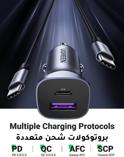 يوجرين شاحن سيارة سريع الشحن PD30W بمنفذين USB C لهاتف ايفون 16 برو ماكس شاحن سريع الشحن للسيارة ومحول هاتف مع كابل USB C بطول 1 متر مضفر لهاتف ايفون 16 وجالاكسي S23 وهواوي وايبود برو وشاومي