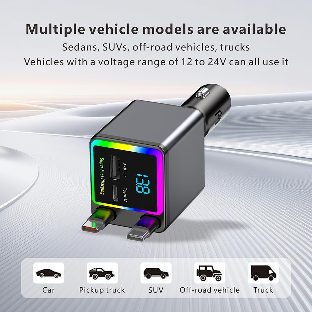 شاحن سيارة X18 قابل للسحب 4 في 1 مع اضاءة RGB من اكس زد ام، محول سيارة USB مزدوج نوع C بقدرة 141 واط، شاحن سيارة صغير الحجم لايفون، متوافق مع اساسيات الرحلات البرية 12 فولت - 24 فولت (كيبل مزدوج من النوع C)