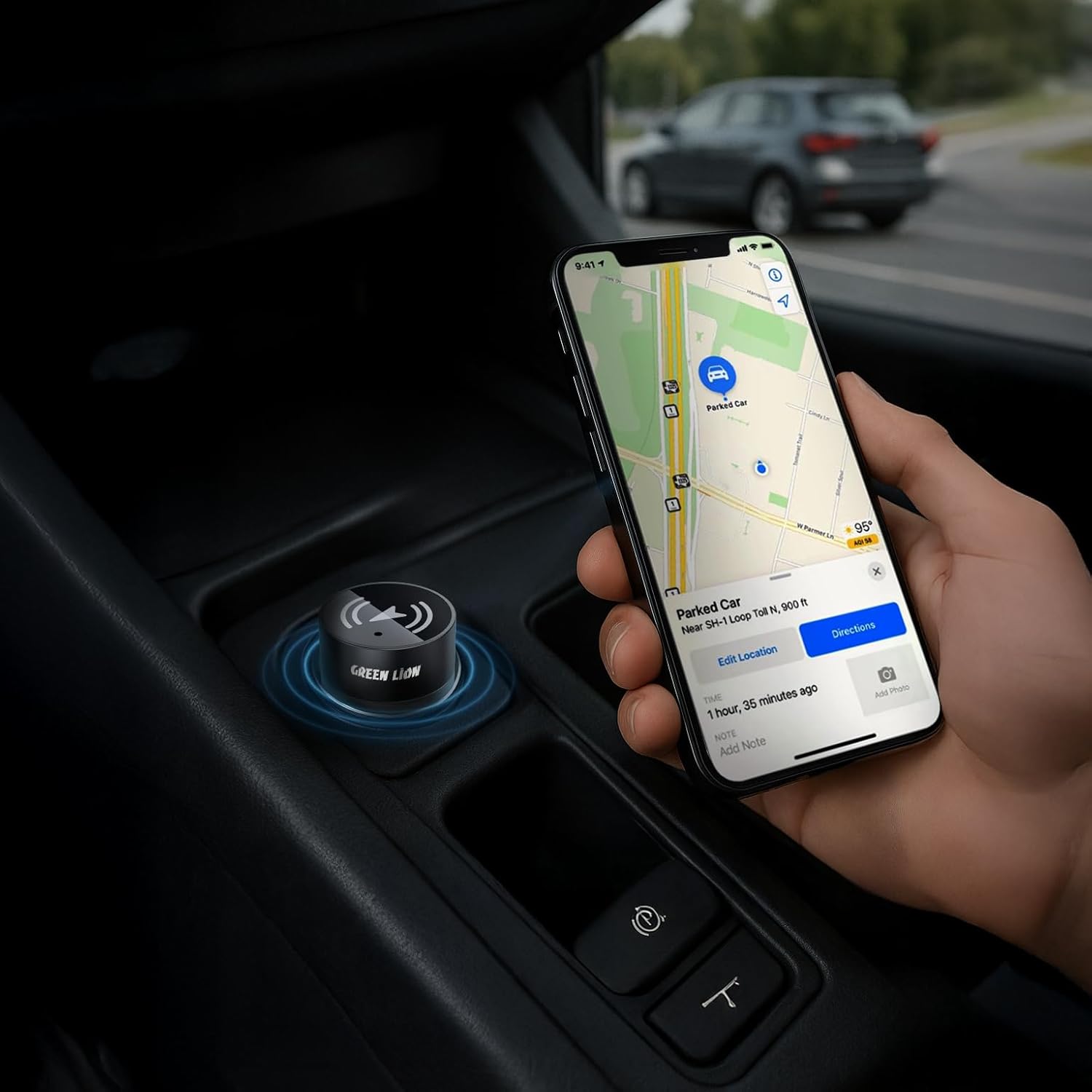 جرين ليون شاحن سيارة بمنفذين مع جهاز تعقب، خرج PD 30 واط، QC 3.0 بحد أقصى 18 واط، يعمل مع تطبيق Find My من Apple (iOS فقط)، 45 يومًا في وضع الاستعداد، تبديد الحرارة، منافذ Type-C وUSB-A، بلوتوث V5.2