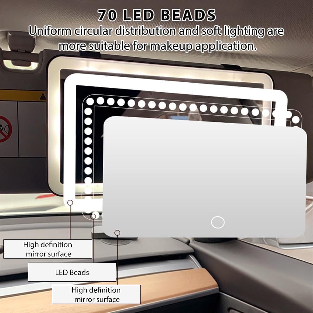 مرآة تجميل LED لحاجب الشمس في السيارة، مرآة مكياج قابلة لإعادة الشحن مع شاشة تعمل باللمس، 3 أوضاع إضاءة، حاجب شمس محمول لمستحضرات التجميل مع أضواء LED للسيارات