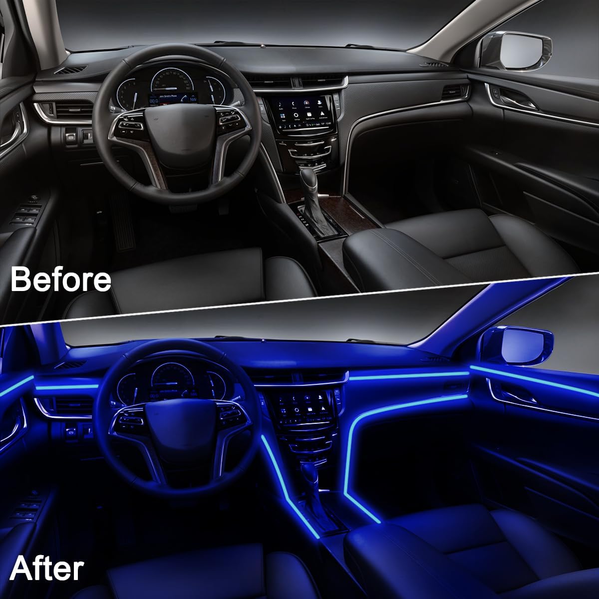 شريط اضاءة LED داخلي للسيارة بتحكم عن طريق التطبيق، 5 في 1 RGB 16 مليون لون، مجموعة اضاءة محيطة مع الياف بصرية 275 انش، وضع الموسيقى لتزيين اضاءة السيارة الداخلية