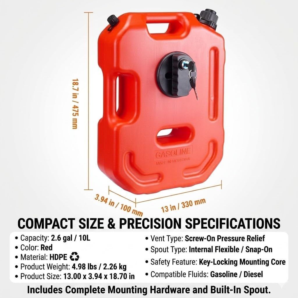2.6 Gallon Portable Fuel Jerry Can with Anti-Theft Mounting Lock & Keys – 10L Auxiliary Gas Container, Emergency Spare Fuel Tank for Car, Truck, Jeep, SUV, Motorcycle, ATV, Boat, Red