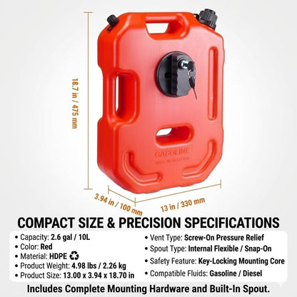 2.6 Gallon Portable Fuel Jerry Can with Anti-Theft Mounting Lock & Keys – 10L Auxiliary Gas Container, Emergency Spare Fuel Tank for Car, Truck, Jeep, SUV, Motorcycle, ATV, Boat, Red