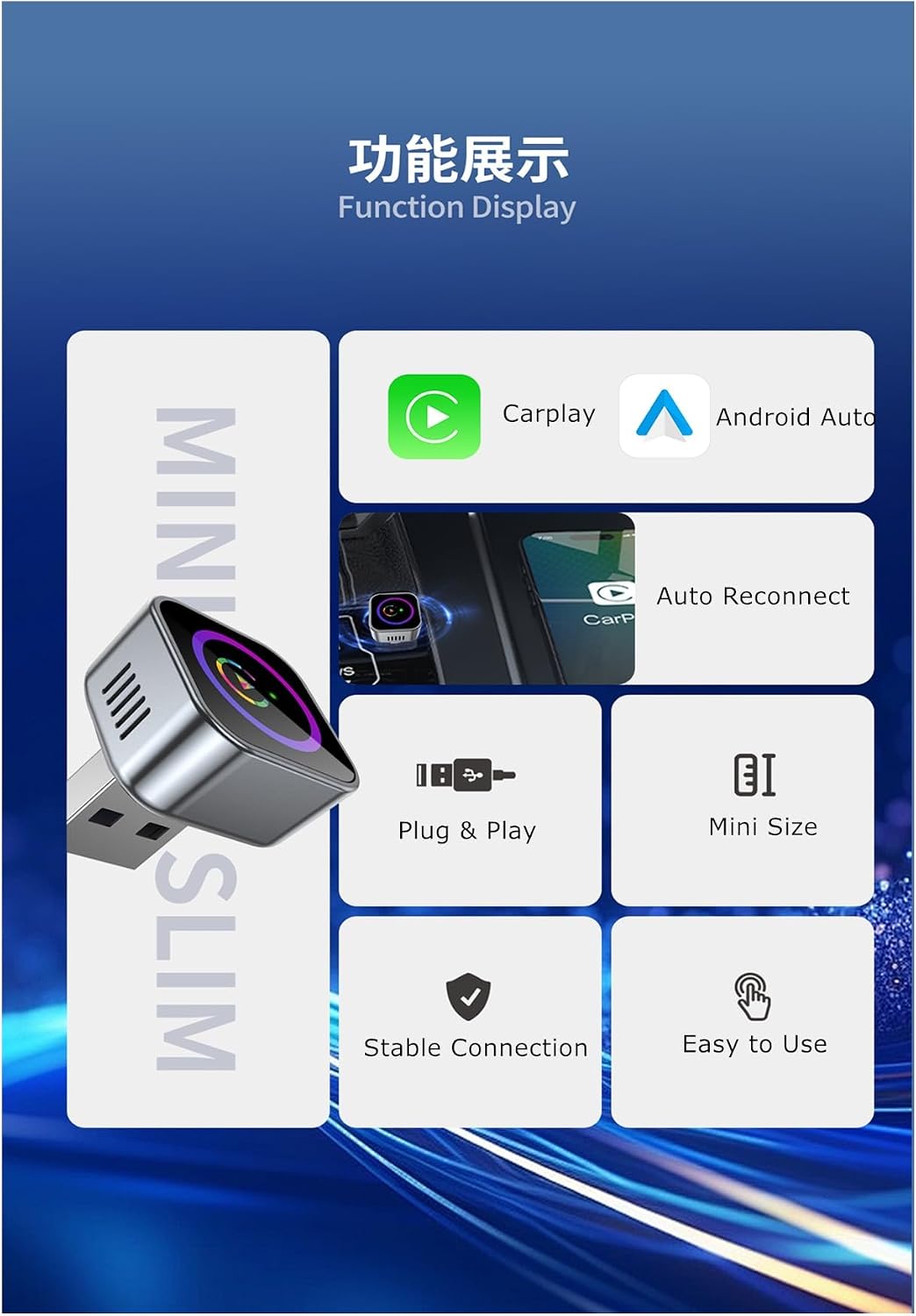 2 in 1 Wireless CarPlay & Android Auto Adapter, Mini Body Built-in Heat Dissipation Chip, Long-Lasting Stability Without Lag, Apple Android Plug Play (Colorful, CarPlay)