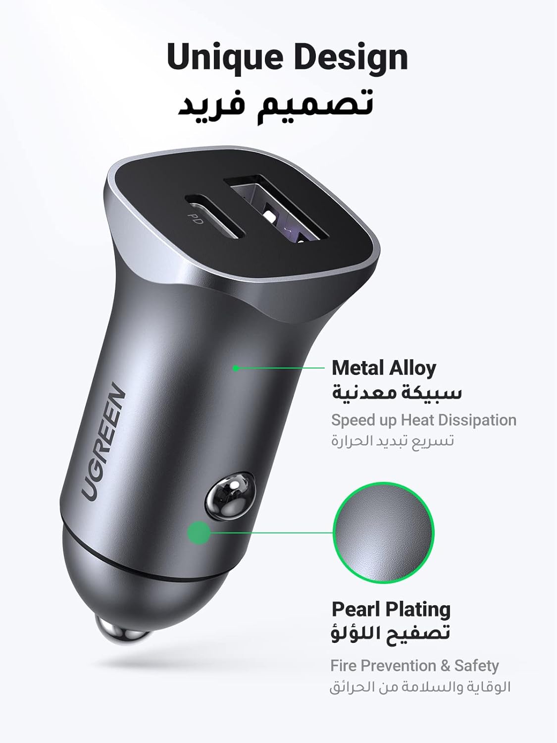 يوجرين شاحن سيارة سريع الشحن PD30W بمنفذين USB C لهاتف ايفون 16 برو ماكس شاحن سريع الشحن للسيارة ومحول هاتف مع كابل USB C بطول 1 متر مضفر لهاتف ايفون 16 وجالاكسي S23 وهواوي وايبود برو وشاومي