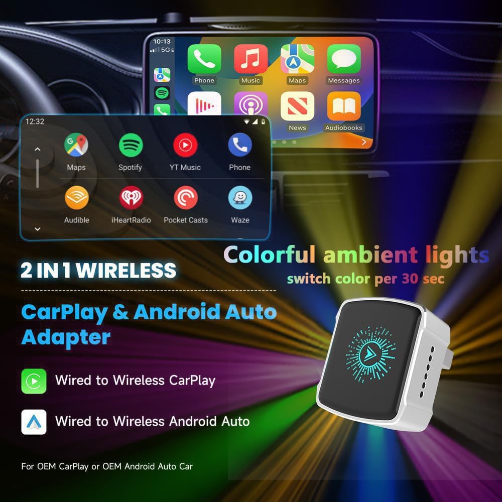Wireless CarPlay Adapter & Android Auto (2-in-1) - Mini USB/USB-C Adapter Converts Wired to Wireless, Plug & Play, Stable Lag-Free for iPhone & Android (2025 Upgraded)