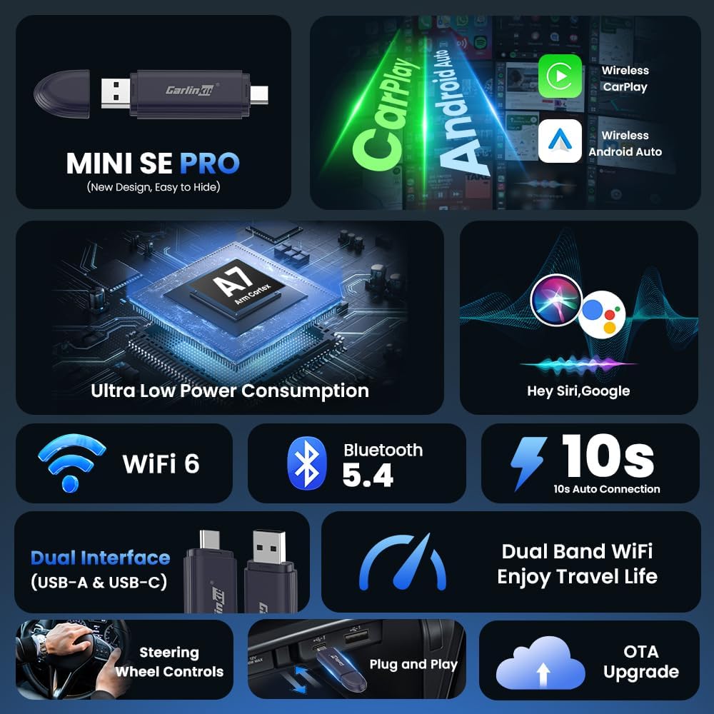 Carlinkit Upgraded 2-in-1 Wireless Stick, MINI SE PRO, Wireless CarPlay Adapter & Android Auto, Built-in Bluetooth 5.4, WiFi 6, Arm A7 Processor, Low Power Consumption (Dark Blue)