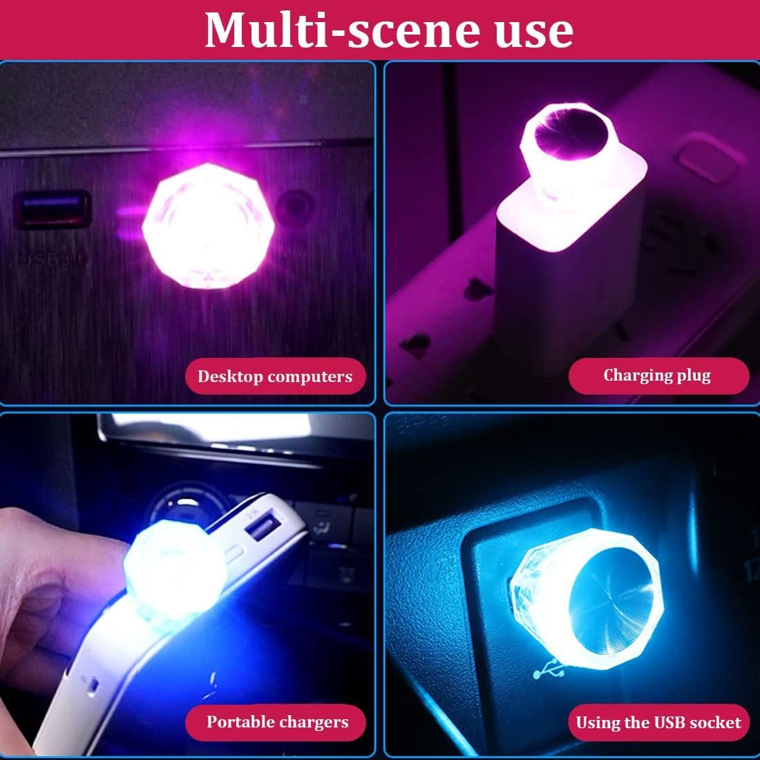 5 Pcs USB Car Ambient Lighting, USB Strobe LED Light, Plug in LED Interior Light for Cars, RGB Portable Ambient Lighting for Cars, Laptops, Night Lights and Extra USB Plugs Decoration