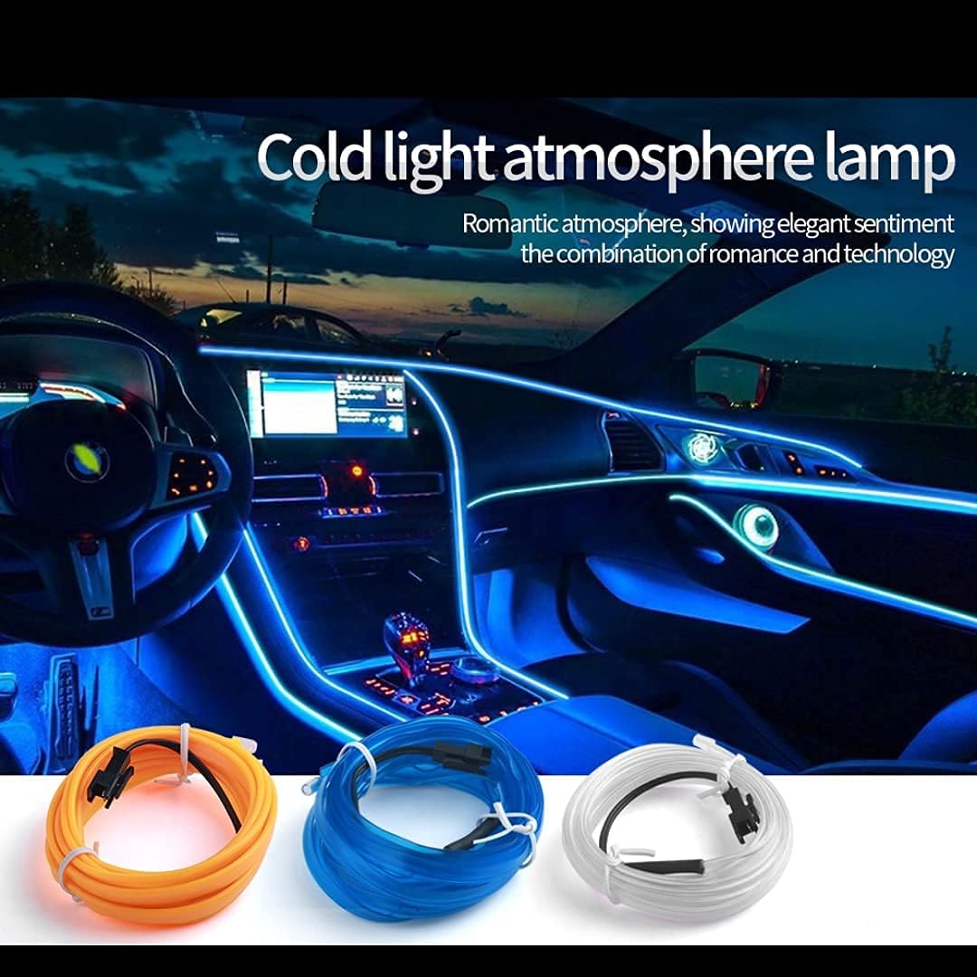 سلفار شريط إضاءة LED نيون لفجوات لوحة السيارة بطول 5 متر، سلك متوهج/ مصباح El Wire، وميض بارد للديكور الداخلي للسيارات، مصباح جو مزخرف مع محول (أزرق ثلجي)
