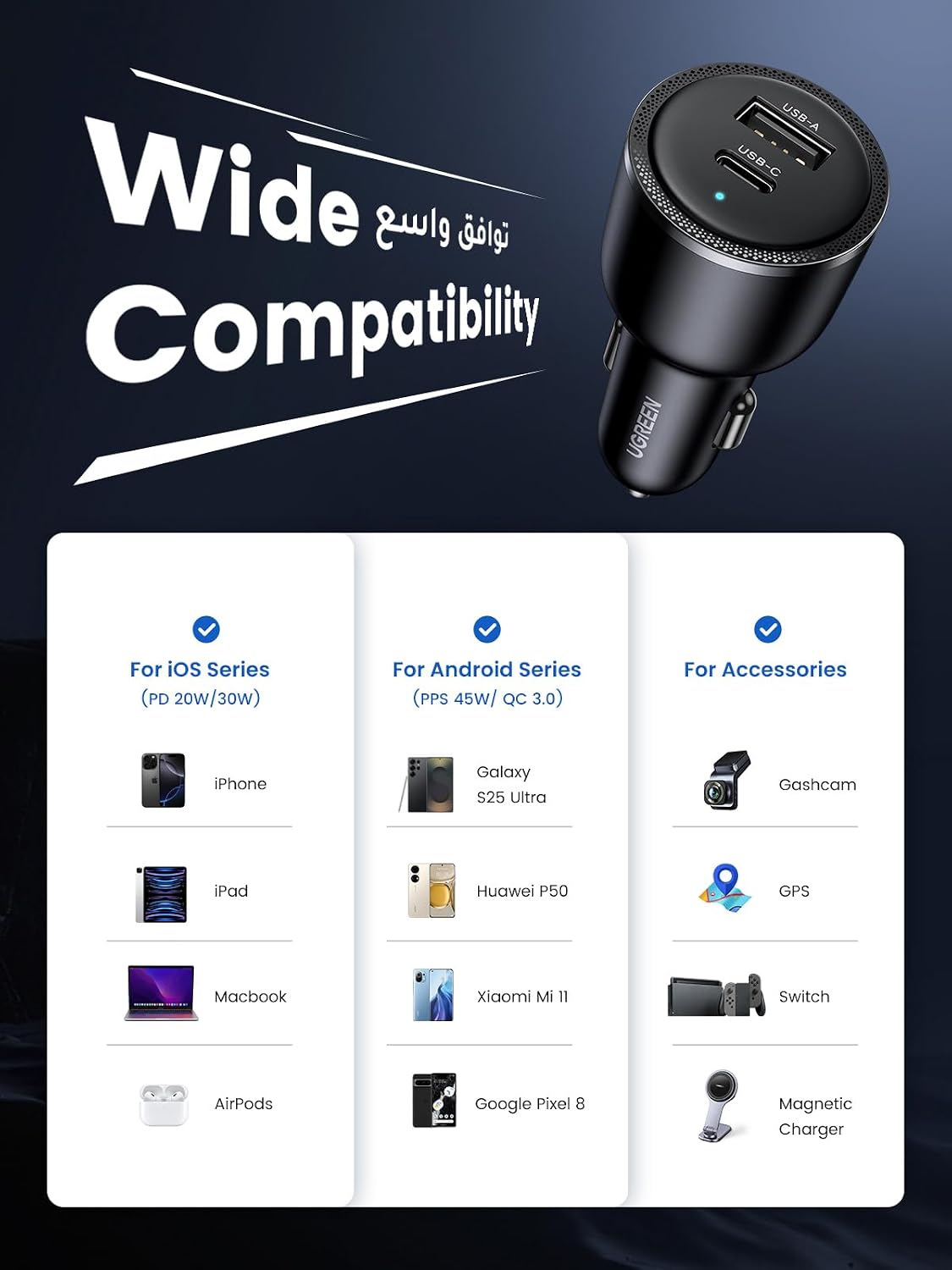 UGREEN Car Charger 63W for Samsung S25 Ultra, Car Battery Charger Type C Fast Charging, Samsung Super Fast 45W PPS Dual USB Phone Adapter, for Galaxy S25/S24/S23 Ultra, iPhone 17/16/15 Series, Macbook