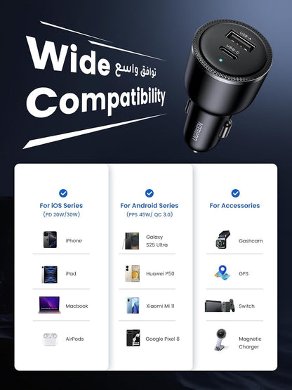 UGREEN Car Charger 63W for Samsung S25 Ultra, Car Battery Charger Type C Fast Charging, Samsung Super Fast 45W PPS Dual USB Phone Adapter, for Galaxy S25/S24/S23 Ultra, iPhone 17/16/15 Series, Macbook