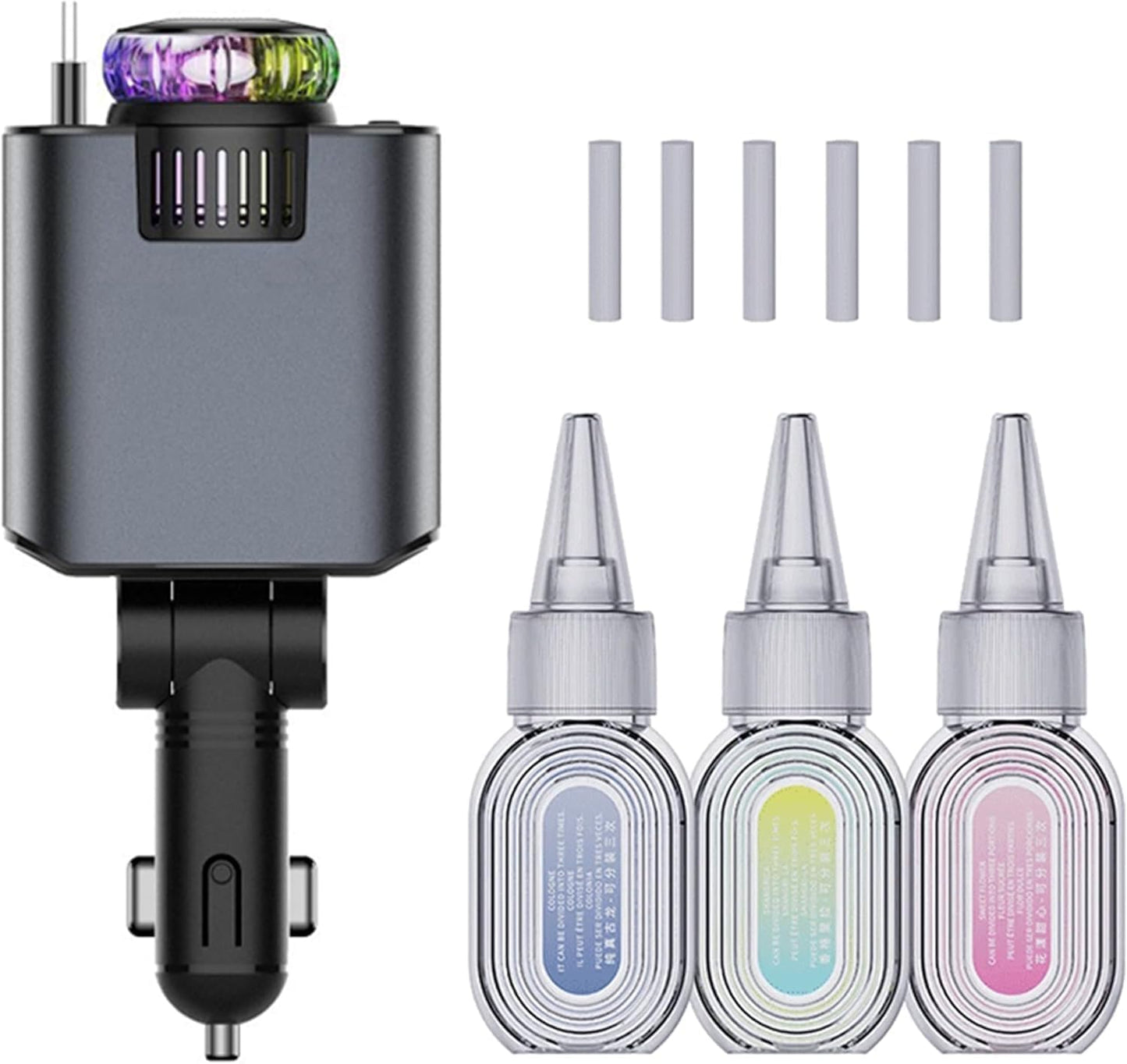 شاحن سيارة 5 في 1 برأس قابل للتعديل 180 درجة، كيبل شحن سريع قابل للسحب 80 سم USB-C وiOS، منفذ مزدوج 45 واط، معطر هواء مع ضوء LED على شكل نجمة، كيبل نوع C، شاحن سيارة سريع الشحن
