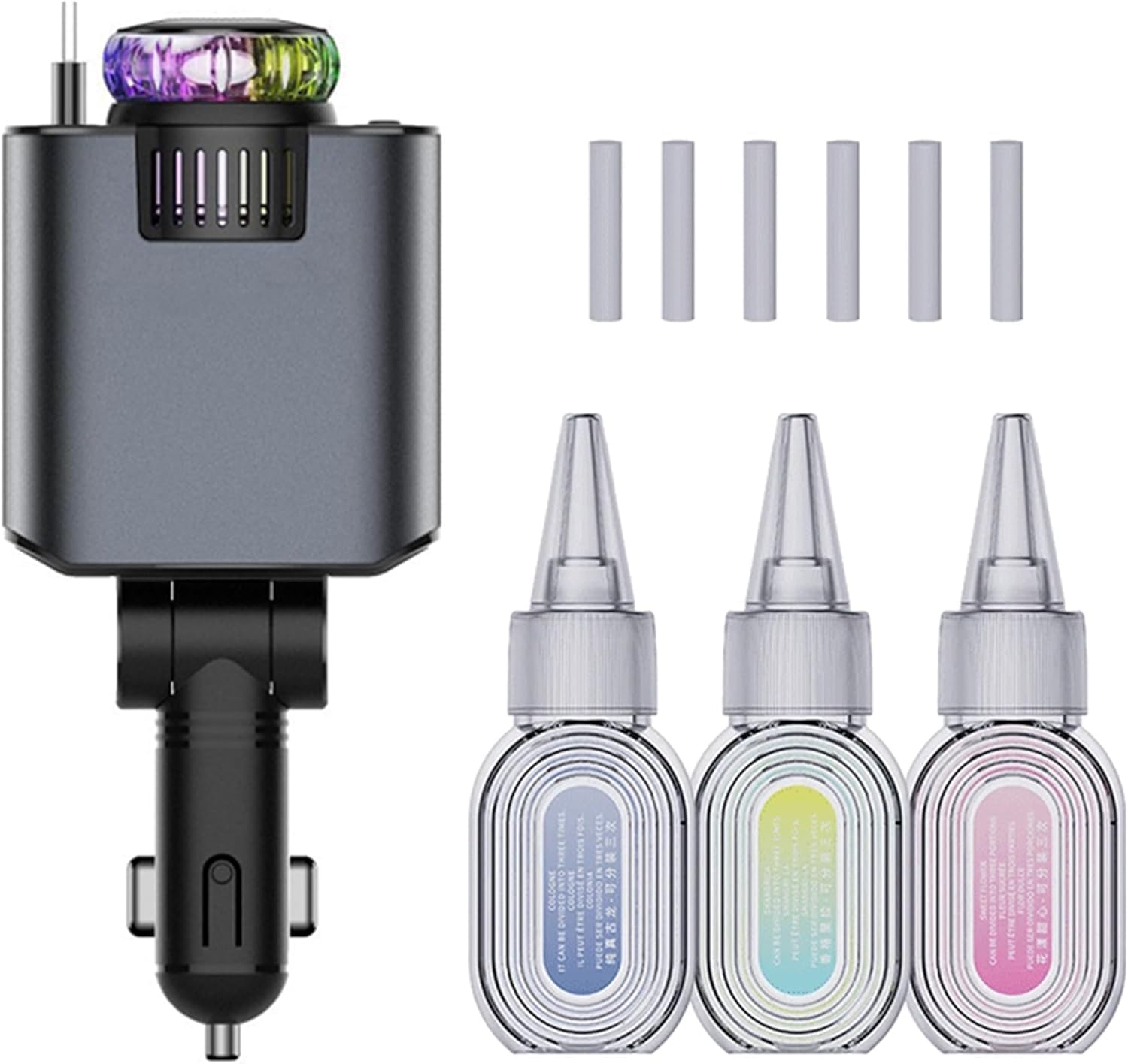 شاحن سيارة 5 في 1 برأس قابل للتعديل 180 درجة، كيبل شحن سريع قابل للسحب 80 سم USB-C وiOS، منفذ مزدوج 45 واط، معطر هواء مع ضوء LED على شكل نجمة، كيبل نوع C، شاحن سيارة سريع الشحن