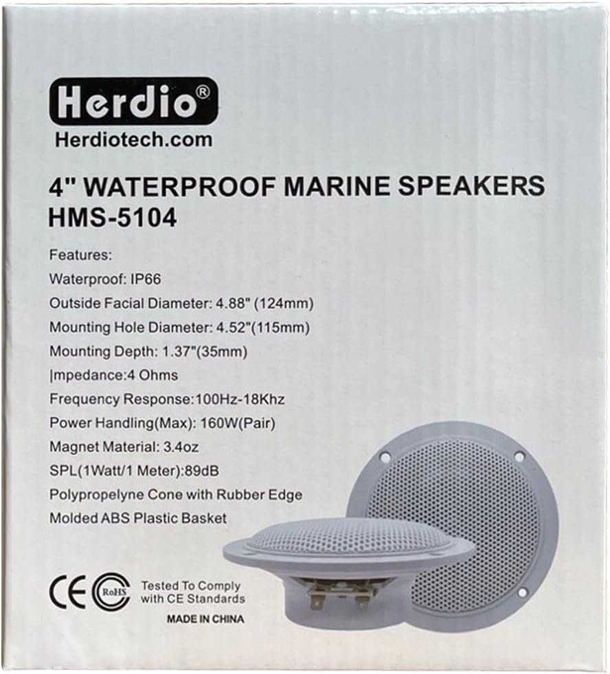 Herdio 4 Inches 160 Watts Waterproof Marine Ceiling Speakers Perfect for Kitchen Bathroom Boat Car Motorcycle - 1 Pair (White)