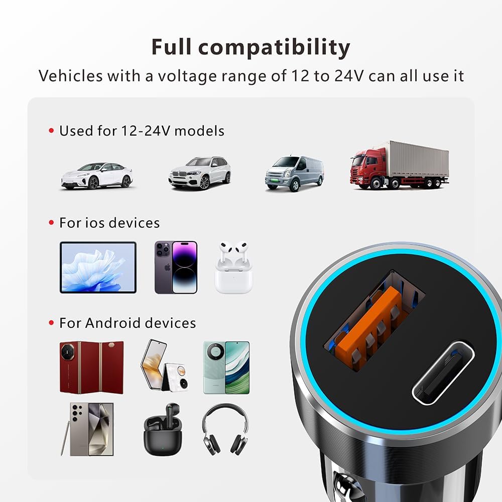 شاحن سيارة C29 USB-C بقدرة 60 واط من اكس زد ام، محول سيارة USB + نوع سي، شاحن هاتف سيارة صغير الحجم لايفون، لا غنى عنه للرحلات البرية، متوافق مع 5 فولت-12 فولت (USB + نوع C)
