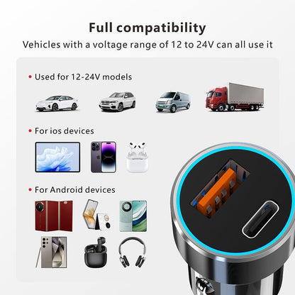 شاحن سيارة C29 USB-C بقدرة 60 واط من اكس زد ام، محول سيارة USB + نوع سي، شاحن هاتف سيارة صغير الحجم لايفون، لا غنى عنه للرحلات البرية، متوافق مع 5 فولت-12 فولت (USB + نوع C)