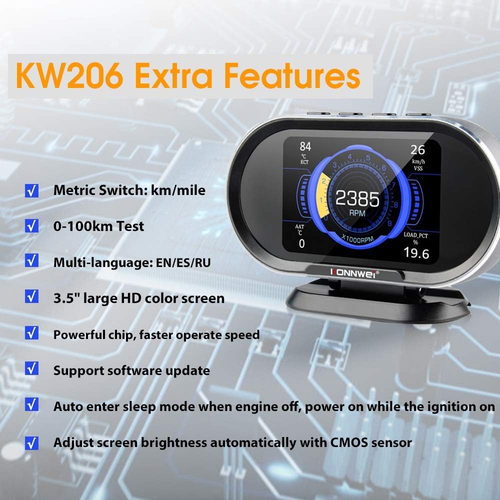 كونوي جهاز قياس رقمي رقمي للسيارة KW206 او بي دي 2 اتش يو دي الكل في واحد، عداد سرعة ذكي لقياس درجة حرارة الماء وضغط الوقود لمعظم السيارات بعد عام 2003