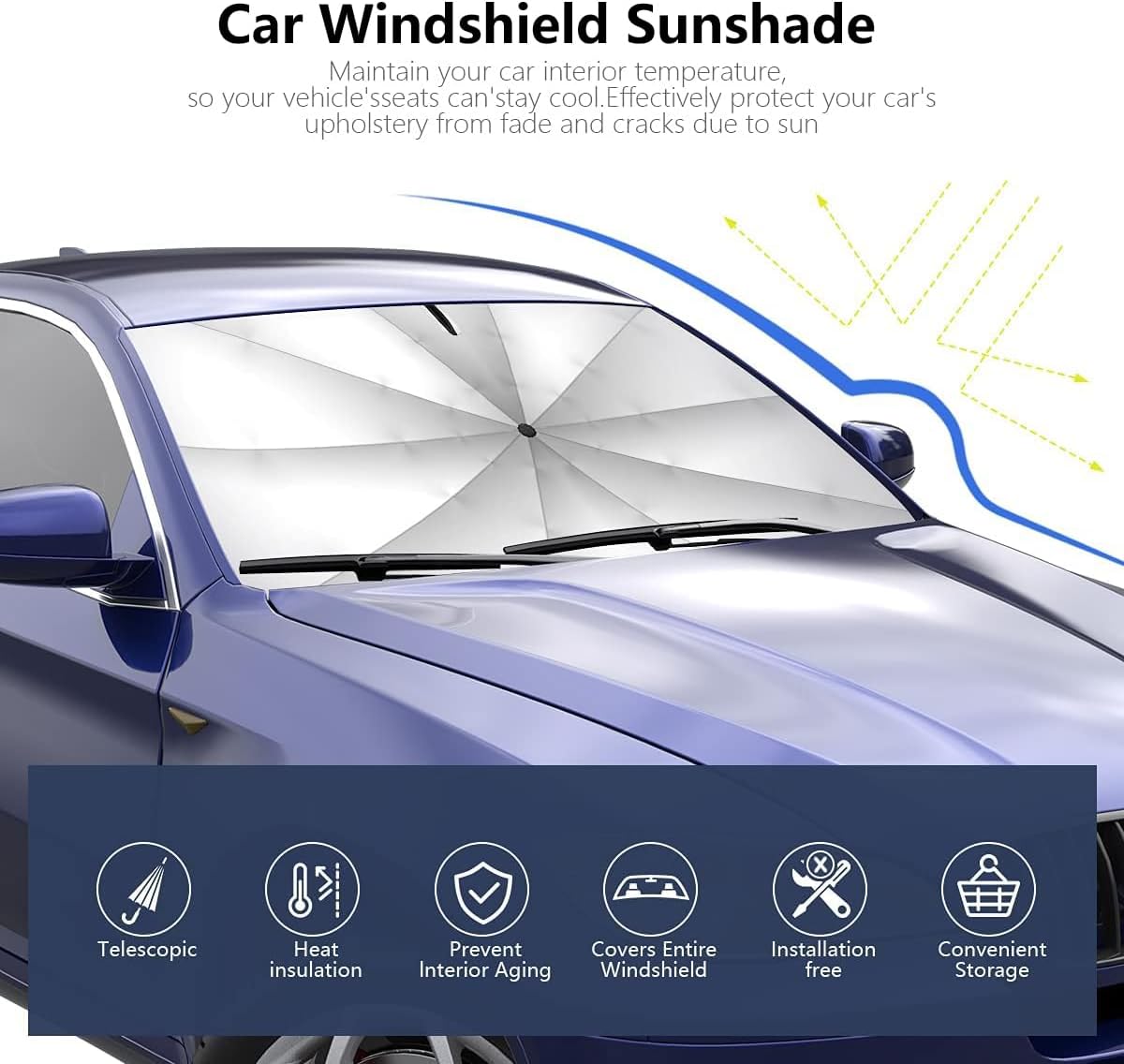 Car Windshield Sunshade Umbrella, 360° Bendable 10-Rib Fiberglass Frame Foldable Thickened Titanium Silver for Front Window Interior Sun Protection UV Resistant, for Medium Sedan SUV (140x80CM)