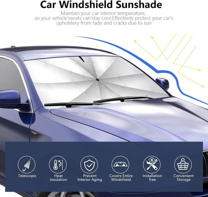 Car Windshield Sunshade Umbrella, 360° Bendable 10-Rib Fiberglass Frame Foldable Thickened Titanium Silver for Front Window Interior Sun Protection UV Resistant, for Medium Sedan SUV (140x80CM)
