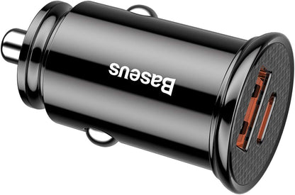 باسيوس شاحن سيارة ذكي سريع 30 واط بمنفذين USB وUSB-C يدعم QC4.0 PD3.0 SCP AFC VOOC، شاحن سيارة صغير 12 فولت - 24 فولت مع ضوء LED وحماية امان متعددة الطبقات لموبايل ايفون
