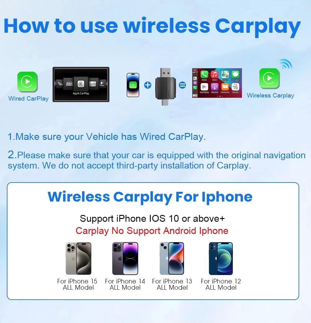 محول كاربلاي لاسلكي واندرويد اوتو - USB A + نوع C واجهة مزدوجة 2 في 1 دونجل لاسلكي لتشغيل السيارات او اي ام السلكي