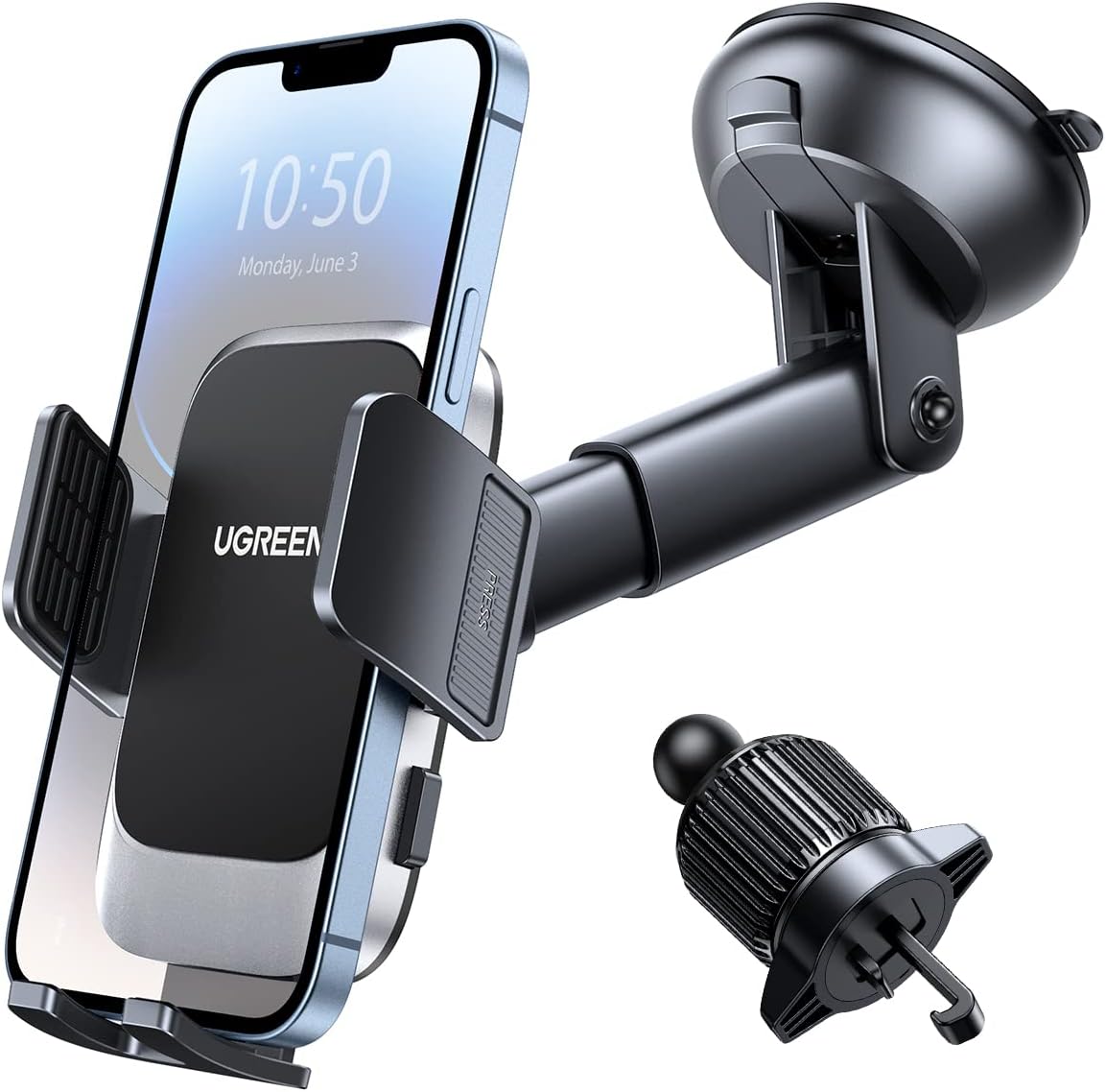 UGREEN Car Phone Holder Car Mount, [Upgraded 4-in-1 Dashboard/Air Vent/Windscreen], [One-button Release], Metal Hook Mobile Holder, Fit for iPhone 17/16/15/14, Samsung S25/24/23, 4.7-7.2" Accessories