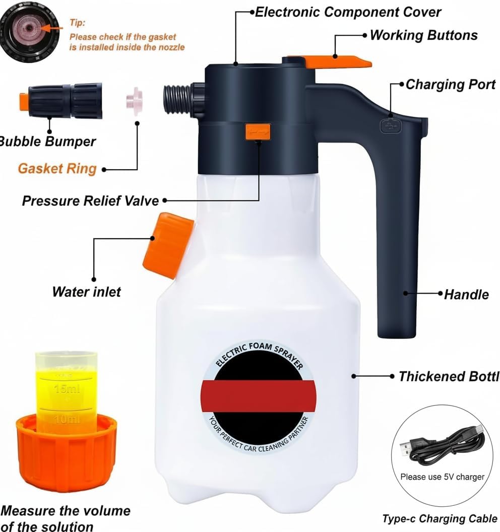 Electric Foam Sprayer 2L with USB Charging - Pressurized Car Wash Foam Cannon for Home & Auto Detailing, No-Scratch Cleaning for Vehicles, Windows, Pets - Portable 2 Liter Foam Blaster