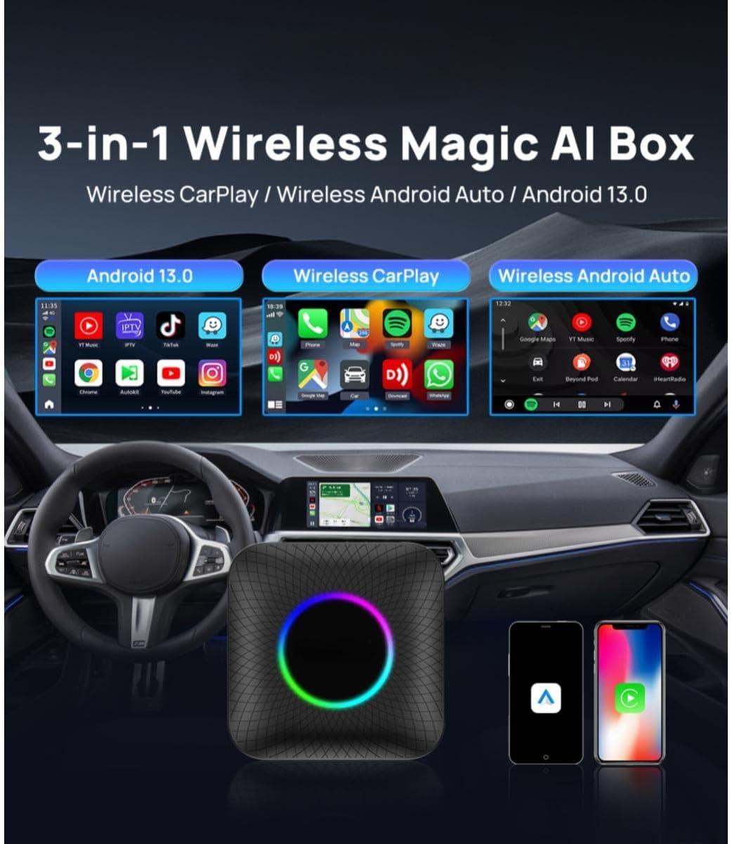 Wireless Android Auto and CarPlay AI Box, Multimedia Video Adapter with Full Android System, 4G LTE, SIM and TF Card Support, RGB Lighting, Plug and Play