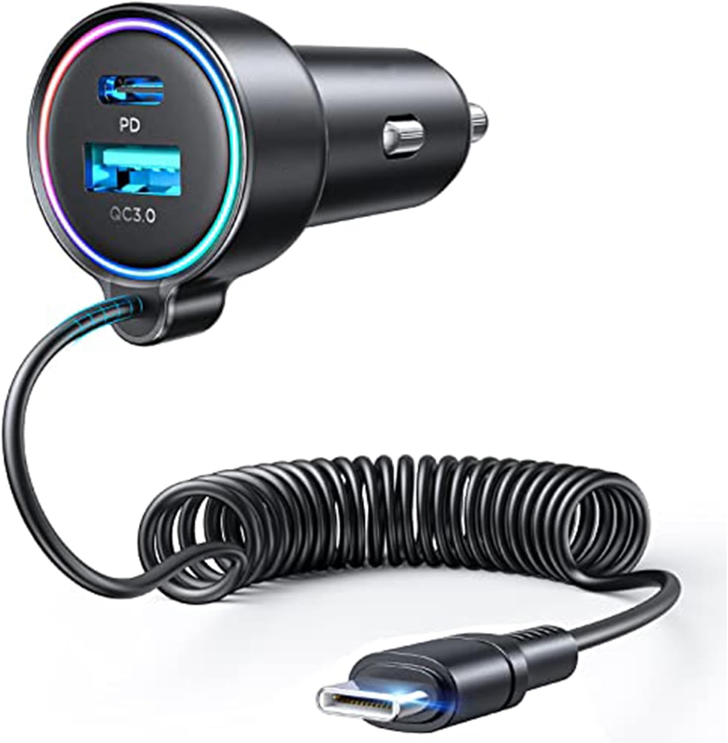شاحن سيارة 2026 90 واط 3 منافذ USB C، PD3.0 وQC3.0، مقبس ولاعة سجائر USB C فائق السرعة مع 5 قدم [حافظ على الترتيب] كيبل ملفوف سريع 45 واط من النوع C لايفون 17 وسامسونج S25