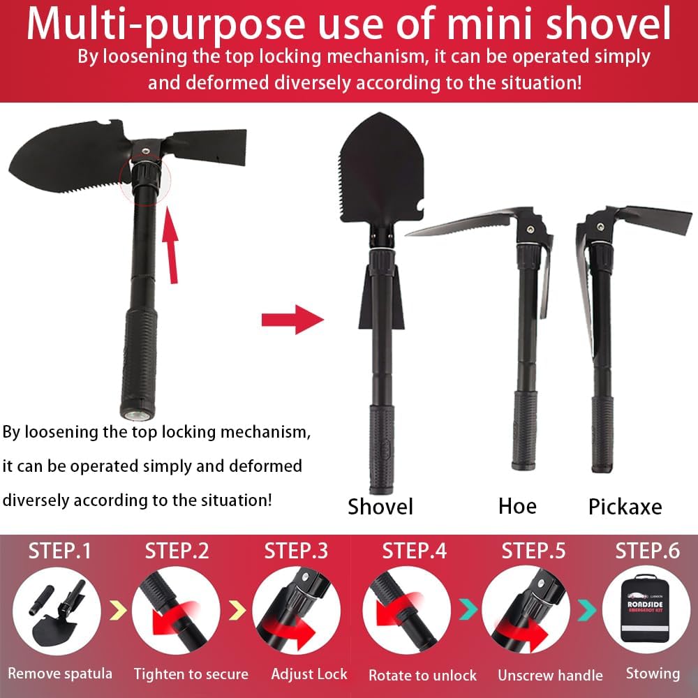 Car Roadside Emergency Kit, with Jumper Cables Automotive Kit,Car Safety Roadside Assistance Kit Headlamp,Tow Straps, Safety Hammers, Rainwear, Gloves.Black