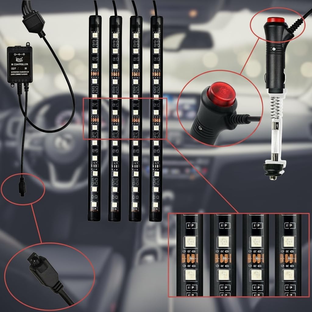 مصابيح LED داخلية للسيارة 12 فولت بفضاء لوني ار جي بي مع جهاز تحكم عن بعد من دونيكارت، مجموعة اضاءة متعددة الالوان تحت لوحة العدادات، ملحقات سيارة بمقاس عالمي - اسود